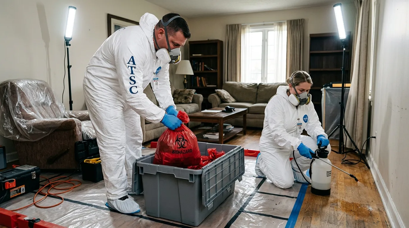 Professional Unattended Death Cleanup technician in full PPE working in Saint Ann